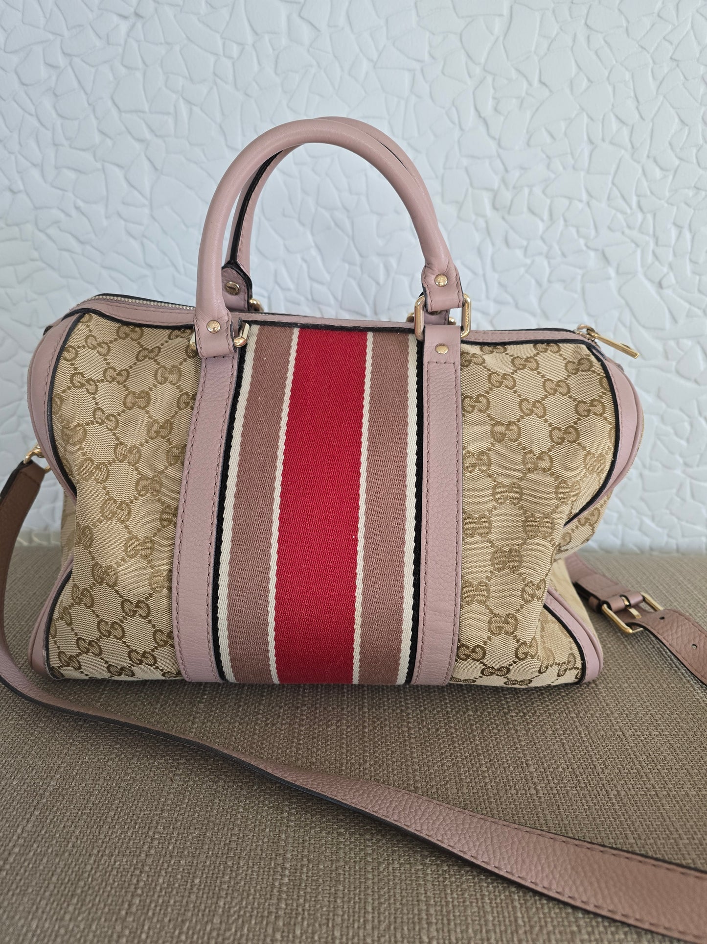 Gucci Vintage Web Boston Bag in Beige GG Canvas with Leather Trim