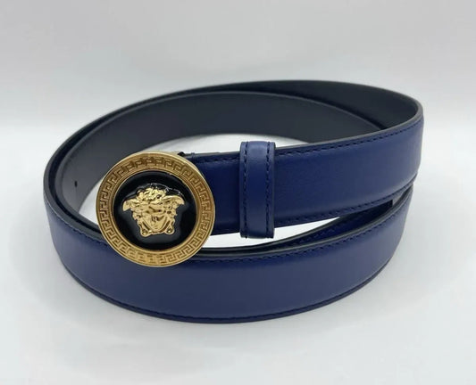 Versace Blue Leather La Medusa Belt, Size 90 (31"- 35")