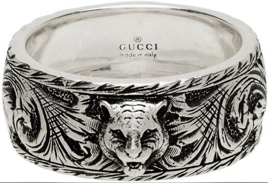 GUCCI "NEW" Sterling Silver Feline Head Ring - Size 6 1/2